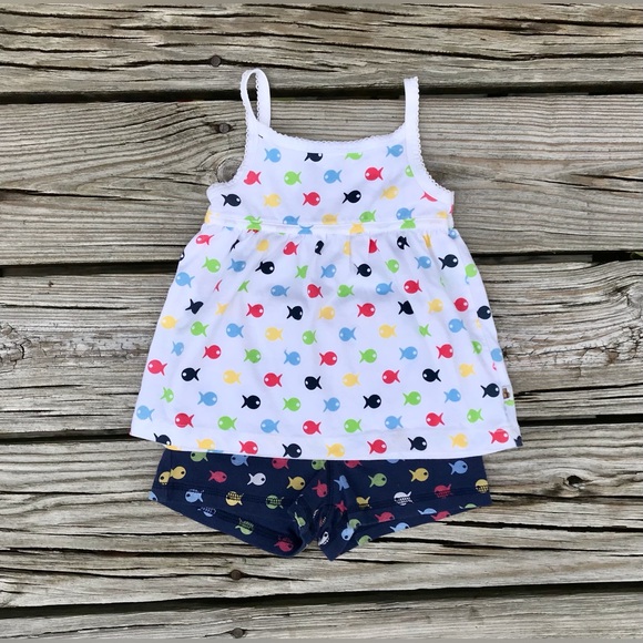 18-24m Girls BABY GAP Fish Pattern Mix Match Set Tunic Tank Top Knit Shorts - Picture 2 of 7